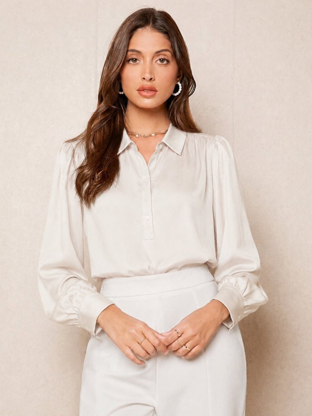 Downeast Ivory Rayon Button Front Long Sleeve Blouse XL Classic Collared Top